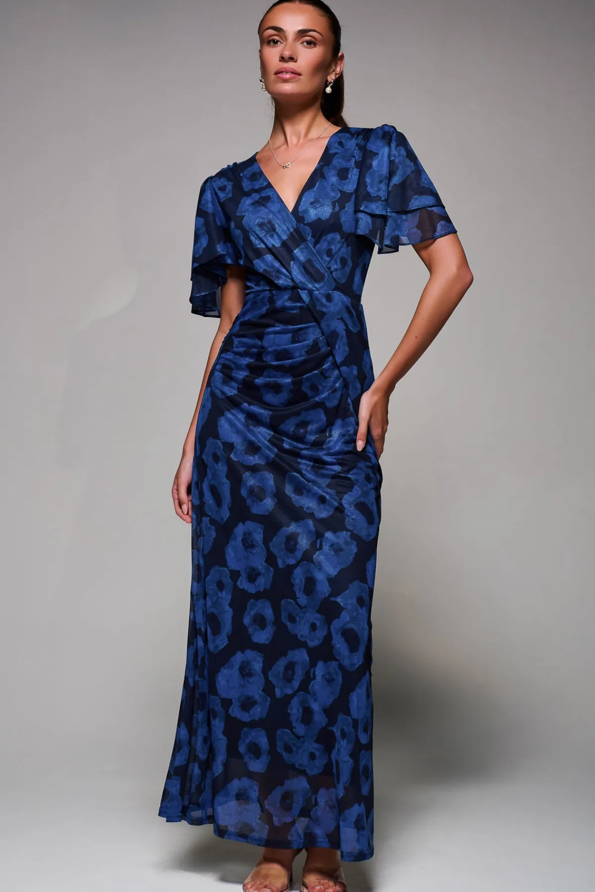 Jolie Moi Occasion Dresses|Mesh Dresses-Angel Sleeve Draped Mesh Maxi Dress, Blue Abstract