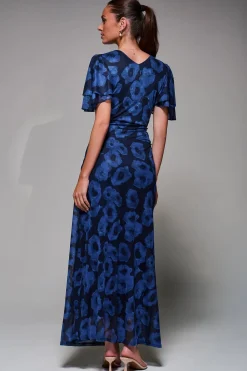 Jolie Moi Occasion Dresses|Mesh Dresses-Angel Sleeve Draped Mesh Maxi Dress, Blue Abstract