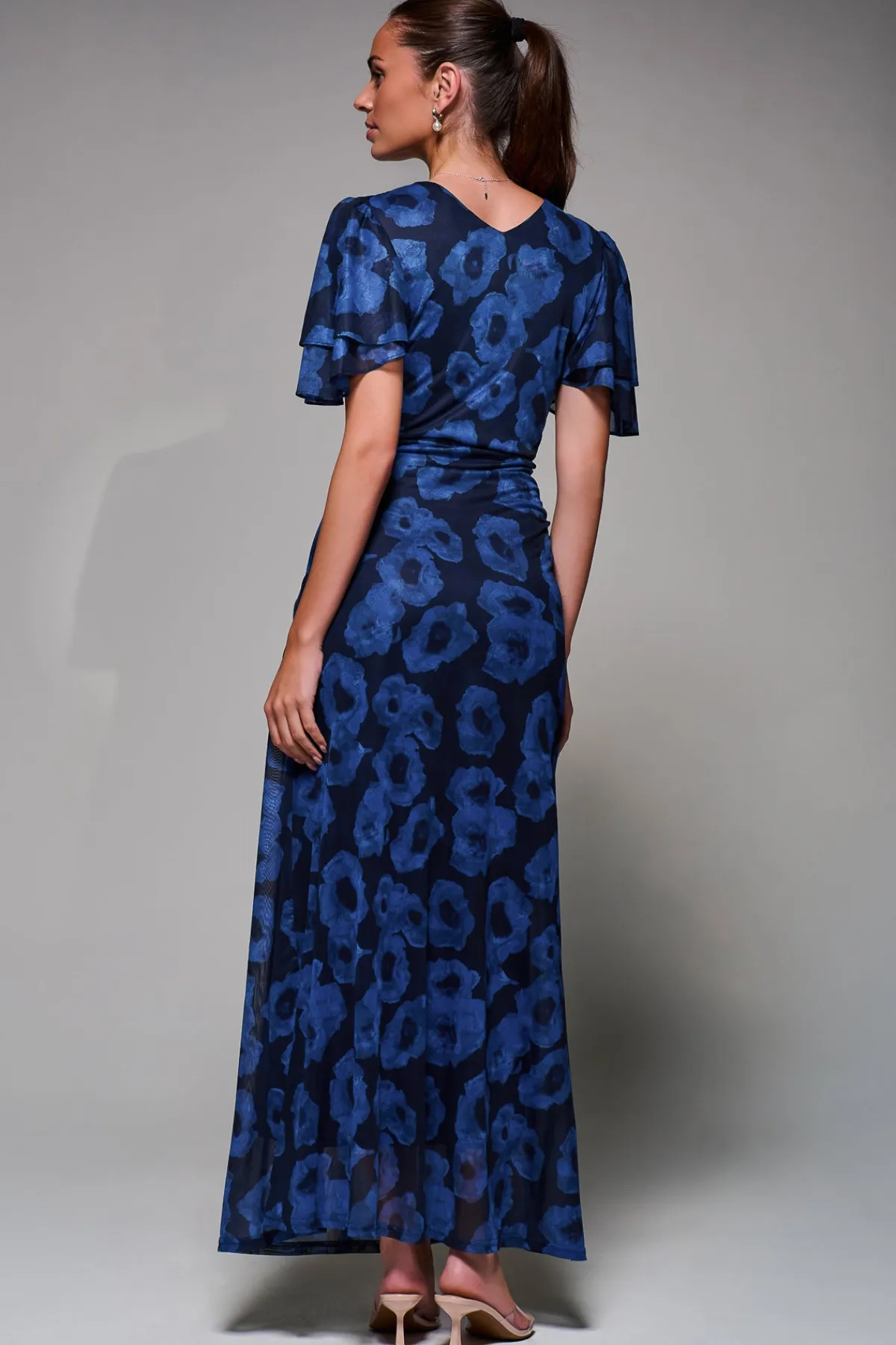 Jolie Moi Occasion Dresses|Mesh Dresses-Angel Sleeve Draped Mesh Maxi Dress, Blue Abstract
