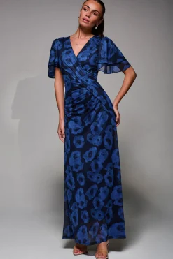 Jolie Moi Occasion Dresses|Mesh Dresses-Angel Sleeve Draped Mesh Maxi Dress, Blue Abstract