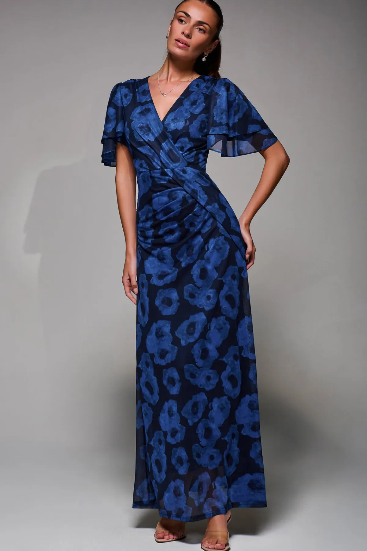 Jolie Moi Occasion Dresses|Mesh Dresses-Angel Sleeve Draped Mesh Maxi Dress, Blue Abstract