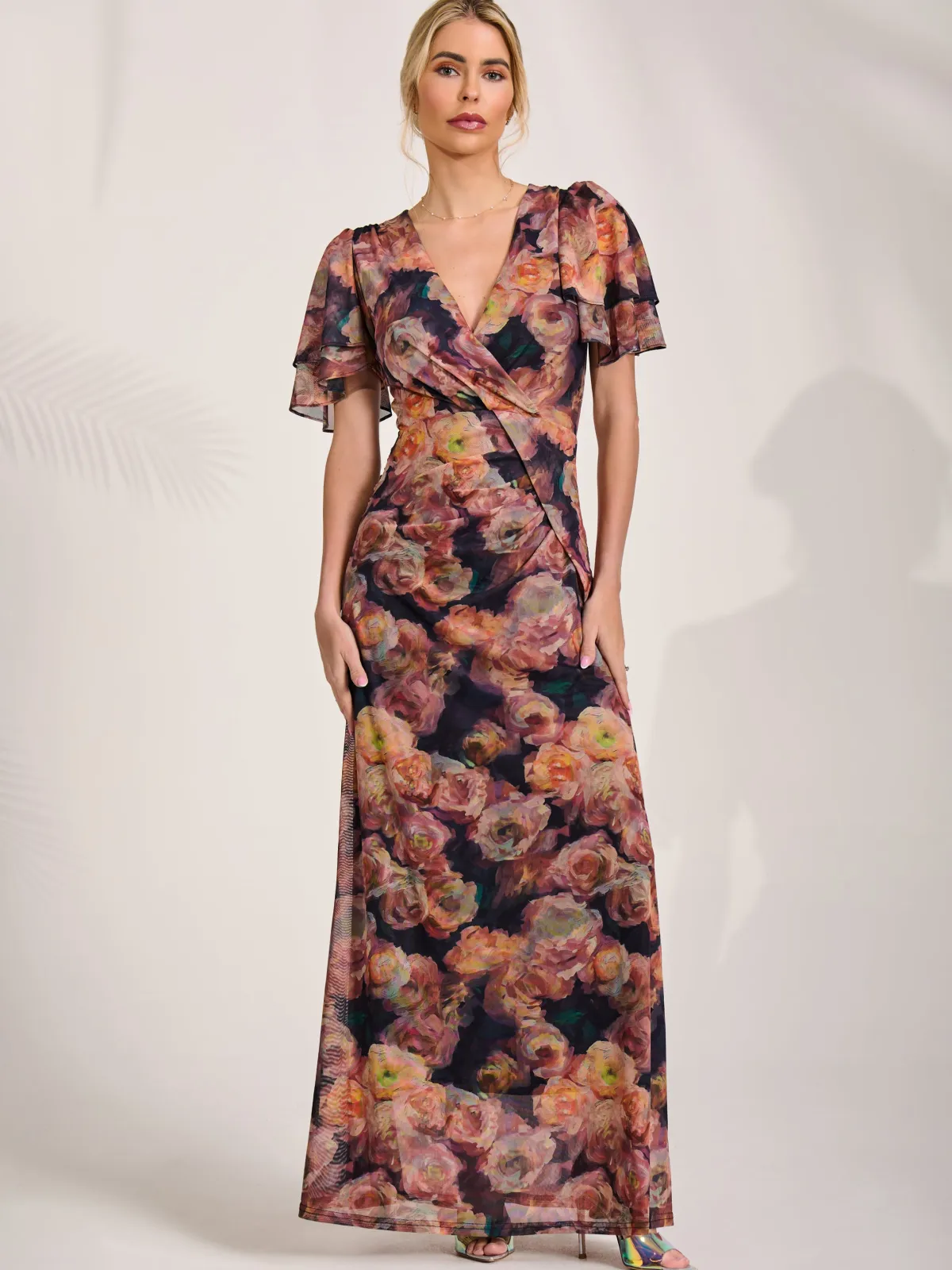 Jolie Moi Occasion Dresses|Floral Dresses-Angel Sleeve Draped Mesh Maxi Dress, Orange Floral