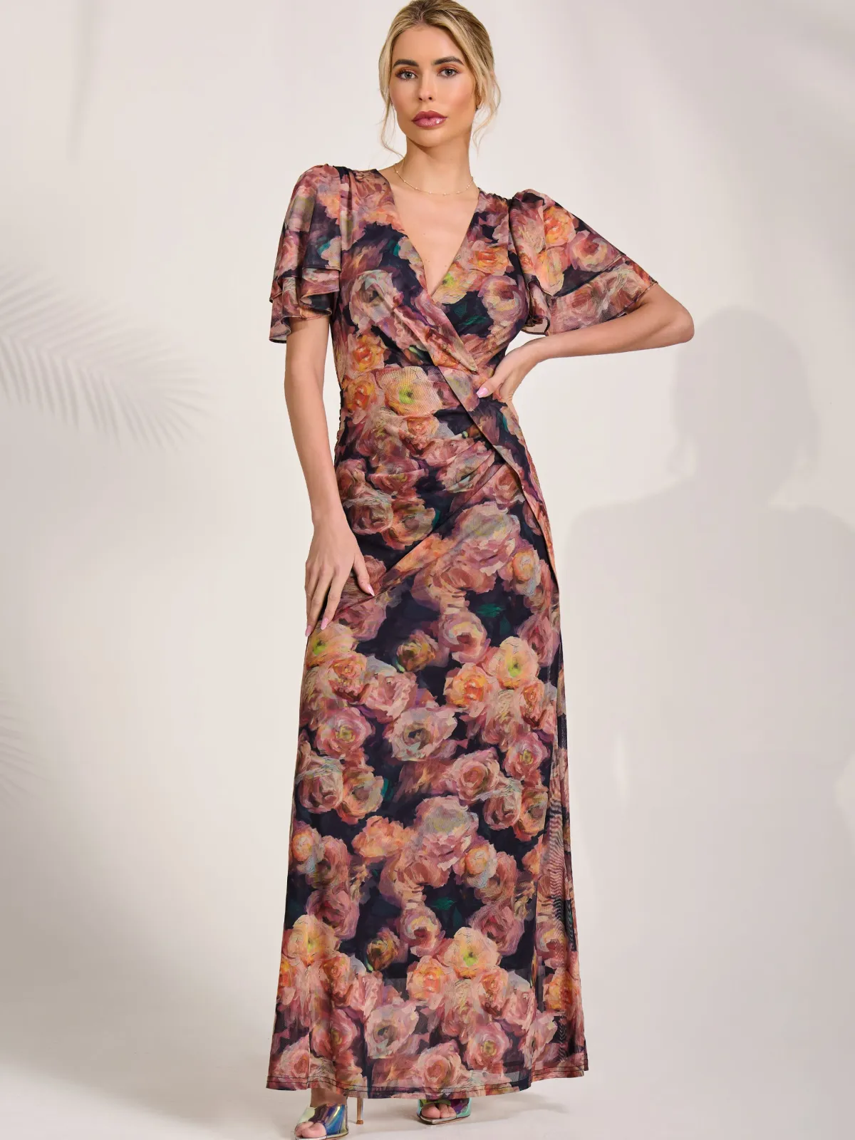 Jolie Moi Occasion Dresses|Floral Dresses-Angel Sleeve Draped Mesh Maxi Dress, Orange Floral
