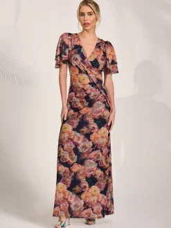 Jolie Moi Occasion Dresses|Floral Dresses-Angel Sleeve Draped Mesh Maxi Dress, Orange Floral