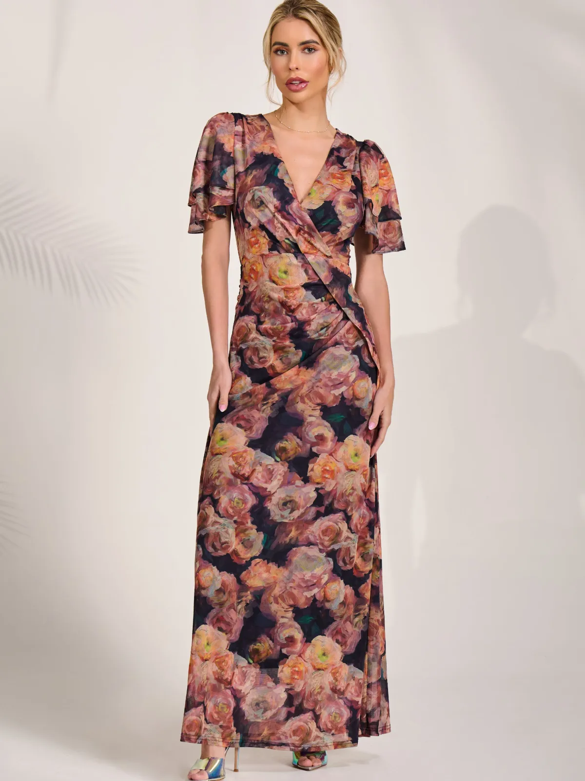 Jolie Moi Occasion Dresses|Floral Dresses-Angel Sleeve Draped Mesh Maxi Dress, Orange Floral