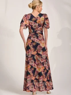 Jolie Moi Occasion Dresses|Floral Dresses-Angel Sleeve Draped Mesh Maxi Dress, Orange Floral