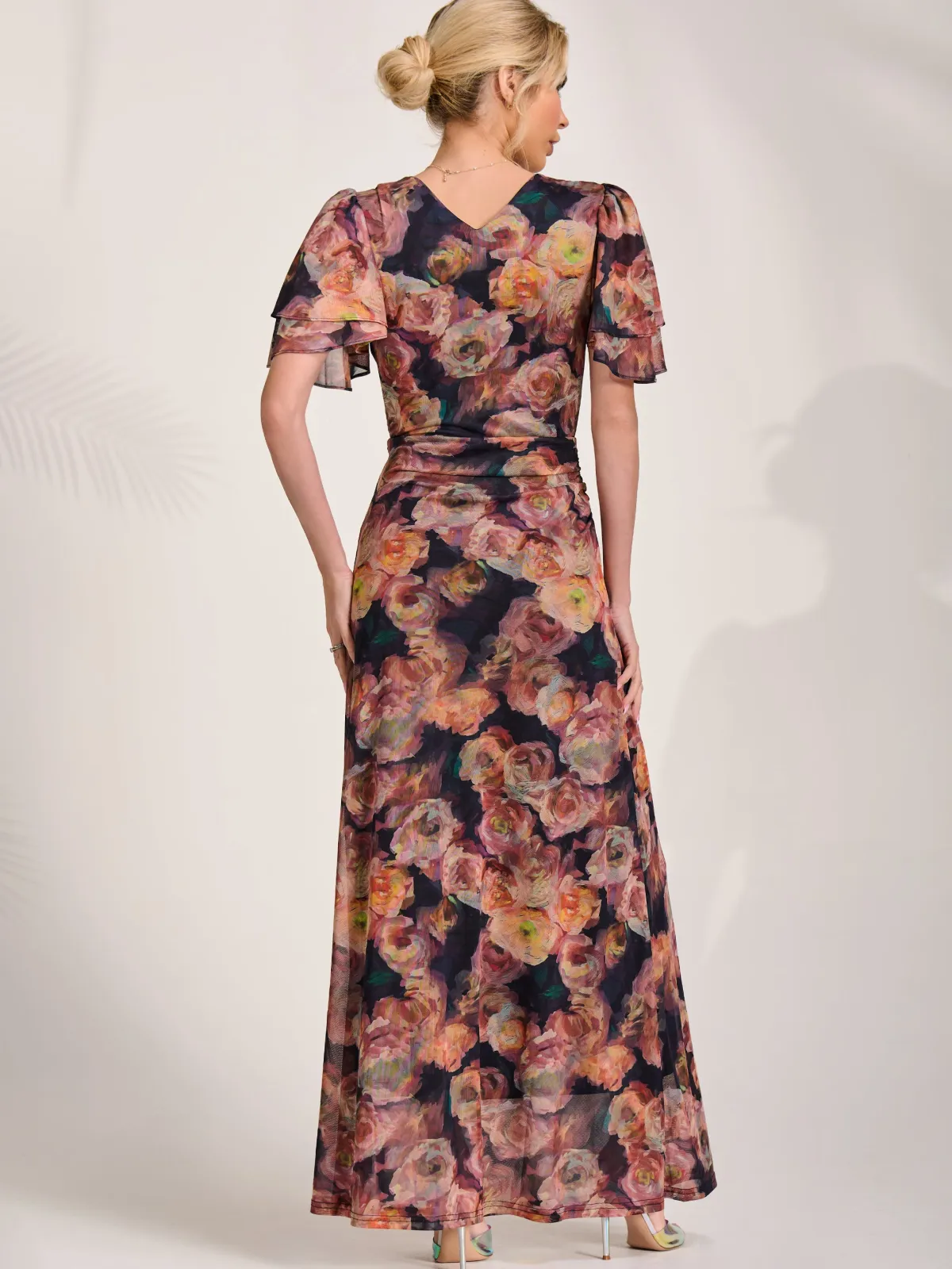 Jolie Moi Occasion Dresses|Floral Dresses-Angel Sleeve Draped Mesh Maxi Dress, Orange Floral