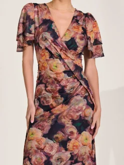 Jolie Moi Occasion Dresses|Floral Dresses-Angel Sleeve Draped Mesh Maxi Dress, Orange Floral