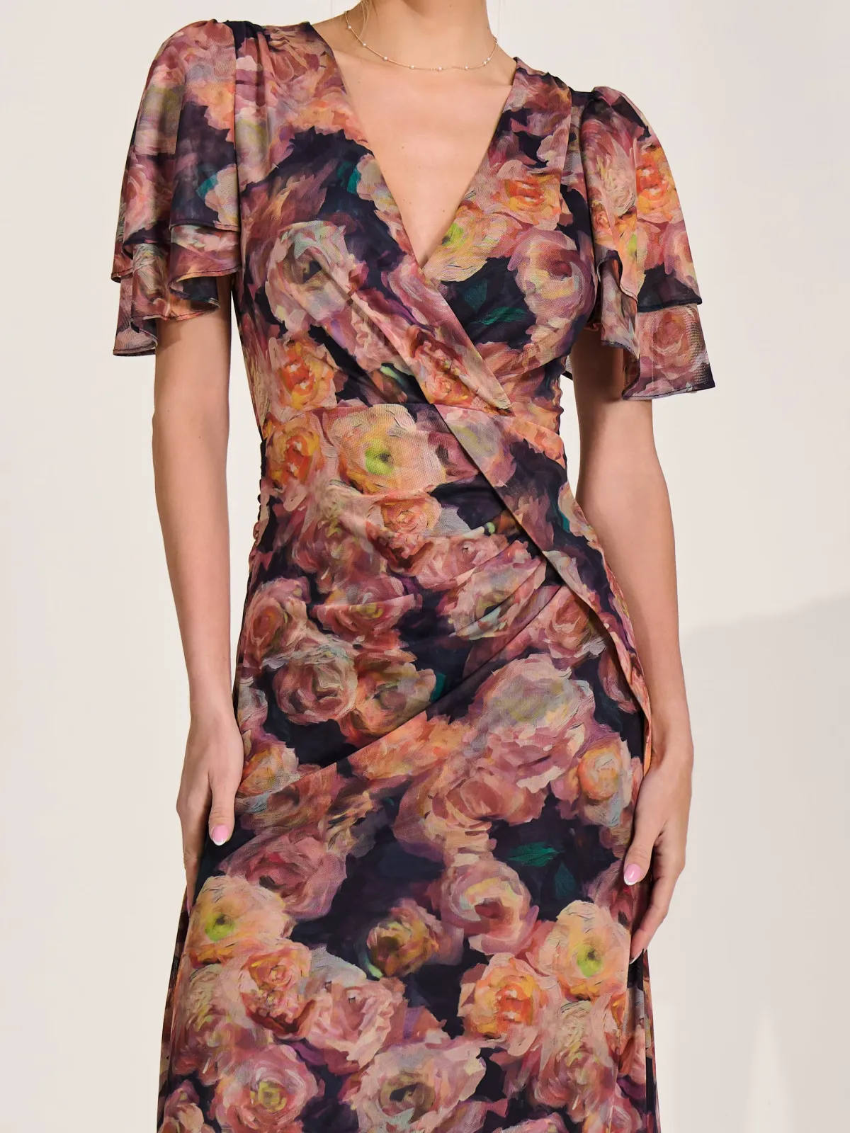 Jolie Moi Occasion Dresses|Floral Dresses-Angel Sleeve Draped Mesh Maxi Dress, Orange Floral