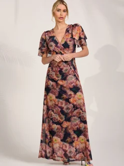 Jolie Moi Occasion Dresses|Floral Dresses-Angel Sleeve Draped Mesh Maxi Dress, Orange Floral