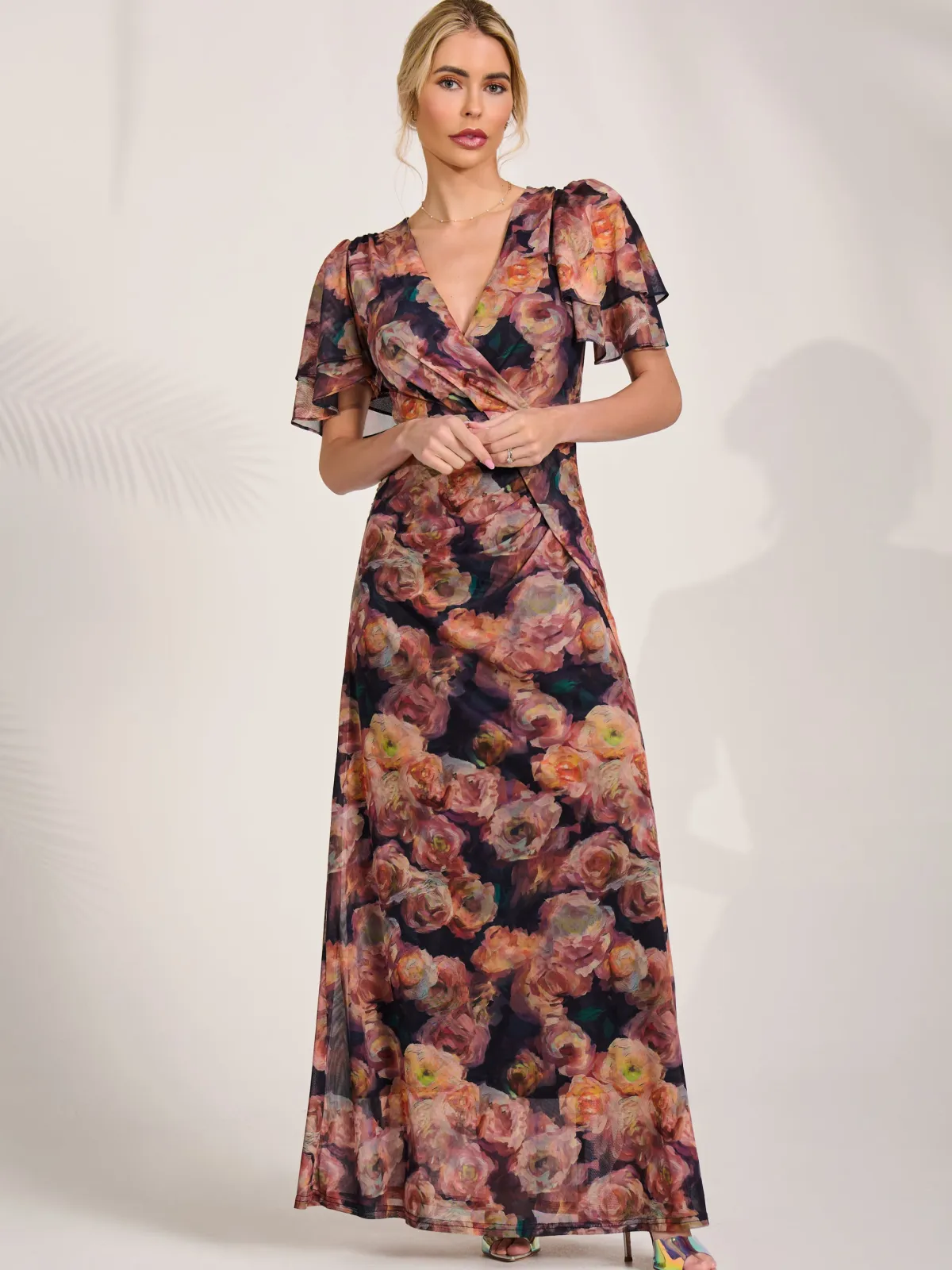 Jolie Moi Occasion Dresses|Floral Dresses-Angel Sleeve Draped Mesh Maxi Dress, Orange Floral