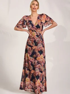 Jolie Moi Occasion Dresses|Floral Dresses-Angel Sleeve Draped Mesh Maxi Dress, Orange Floral
