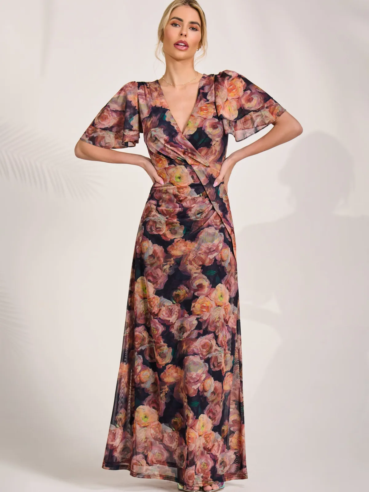 Jolie Moi Occasion Dresses|Floral Dresses-Angel Sleeve Draped Mesh Maxi Dress, Orange Floral