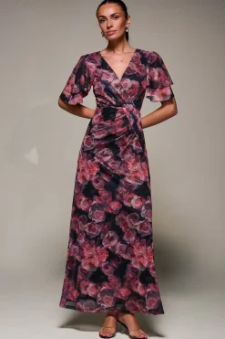 Jolie Moi Occasion Dresses|Mesh Dresses-Angel Sleeve Draped Mesh Maxi Dress, Pink Floral