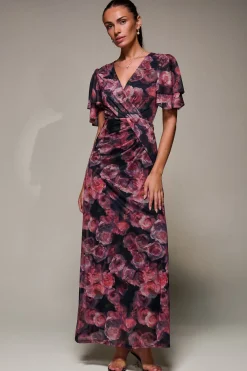 Jolie Moi Occasion Dresses|Mesh Dresses-Angel Sleeve Draped Mesh Maxi Dress, Pink Floral