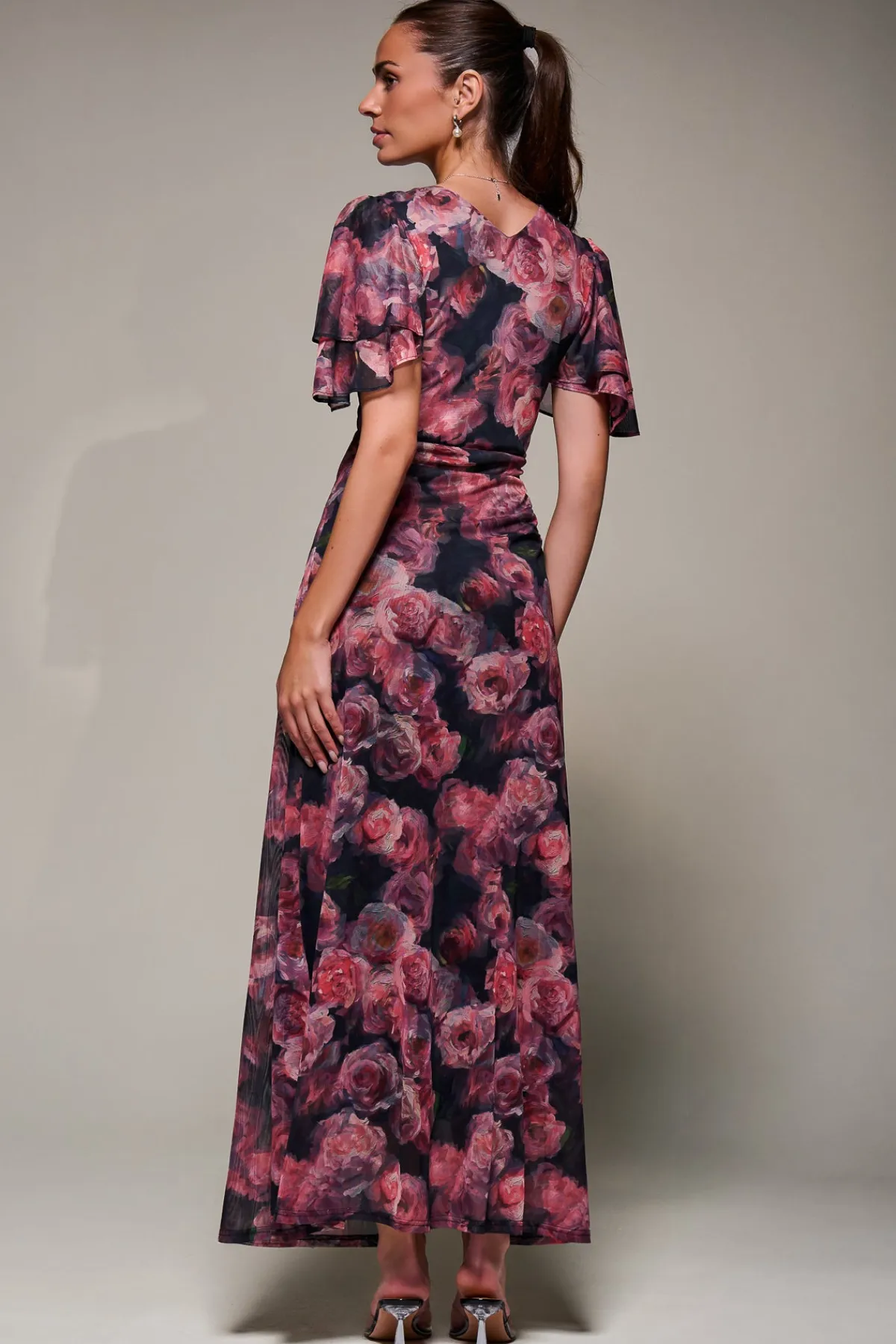 Jolie Moi Occasion Dresses|Mesh Dresses-Angel Sleeve Draped Mesh Maxi Dress, Pink Floral