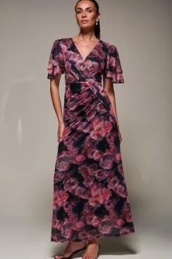 Jolie Moi Occasion Dresses|Mesh Dresses-Angel Sleeve Draped Mesh Maxi Dress, Pink Floral