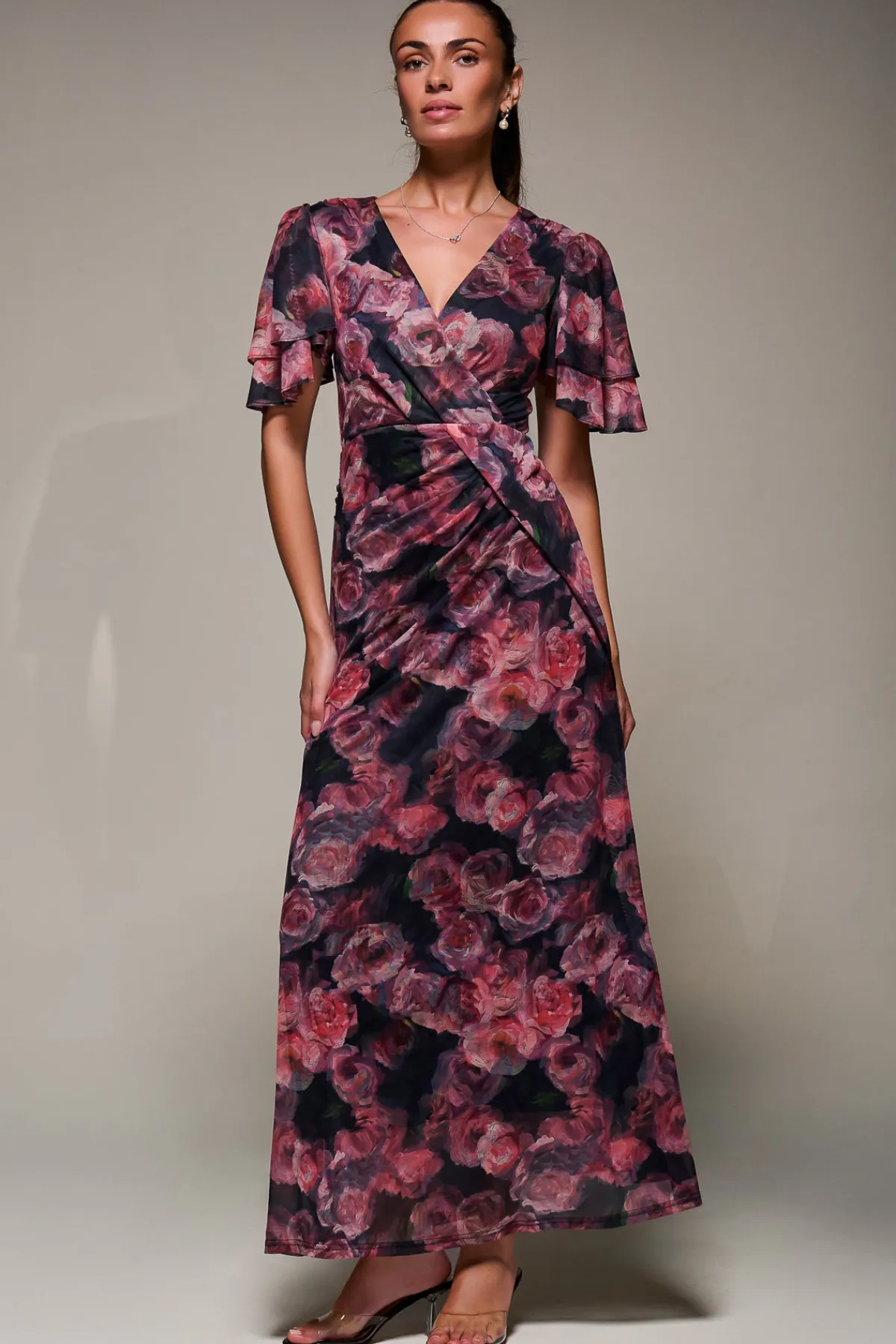 Jolie Moi Occasion Dresses|Mesh Dresses-Angel Sleeve Draped Mesh Maxi Dress, Pink Floral