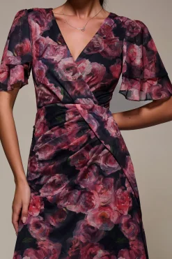 Jolie Moi Occasion Dresses|Mesh Dresses-Angel Sleeve Draped Mesh Maxi Dress, Pink Floral