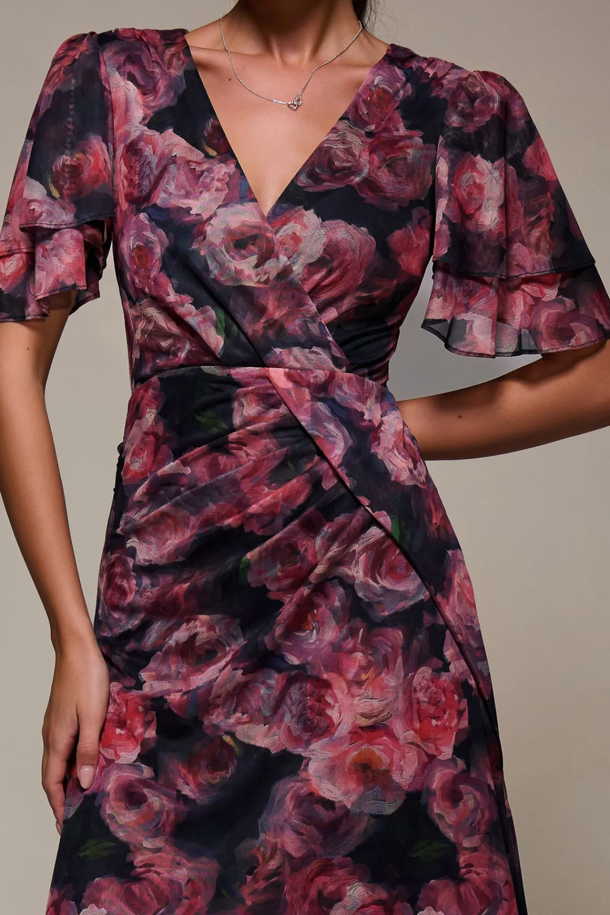 Jolie Moi Occasion Dresses|Mesh Dresses-Angel Sleeve Draped Mesh Maxi Dress, Pink Floral