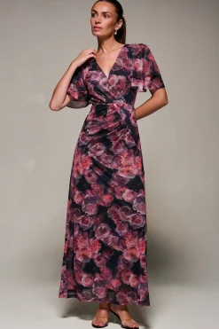 Jolie Moi Occasion Dresses|Mesh Dresses-Angel Sleeve Draped Mesh Maxi Dress, Pink Floral
