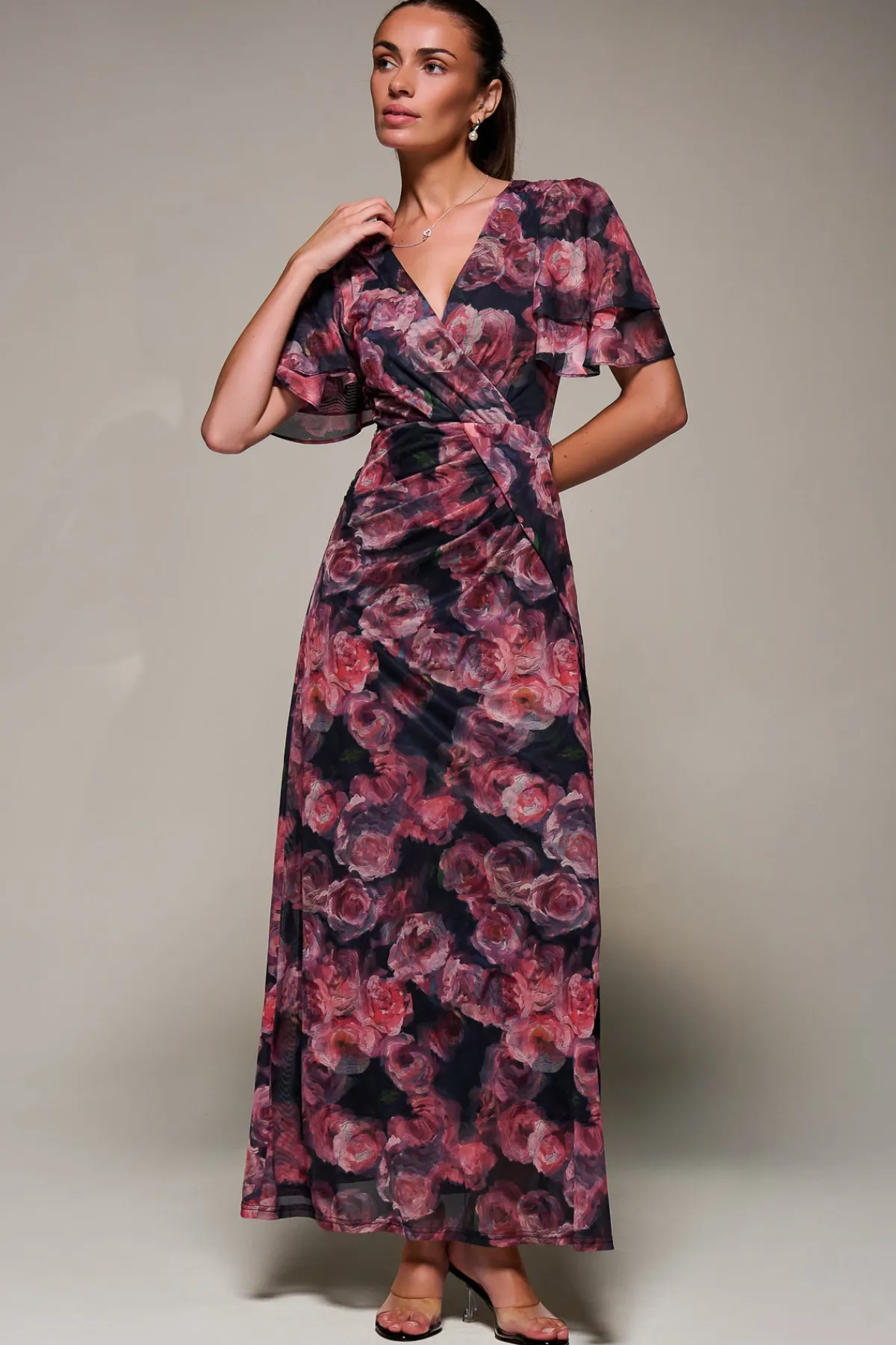Jolie Moi Occasion Dresses|Mesh Dresses-Angel Sleeve Draped Mesh Maxi Dress, Pink Floral
