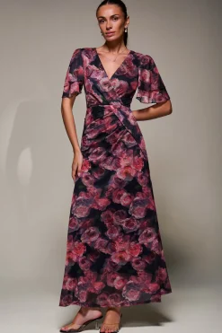 Jolie Moi Occasion Dresses|Mesh Dresses-Angel Sleeve Draped Mesh Maxi Dress, Pink Floral