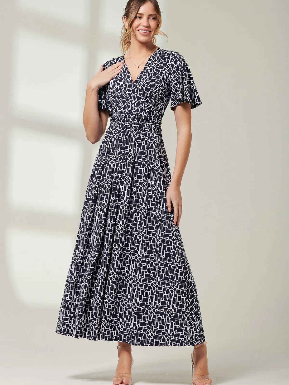 Jolie Moi Occasion Dresses|Jersey Dresses-Angel Sleeve Jersey Maxi Dress, Navy Geo