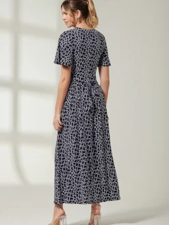 Jolie Moi Occasion Dresses|Jersey Dresses-Angel Sleeve Jersey Maxi Dress, Navy Geo