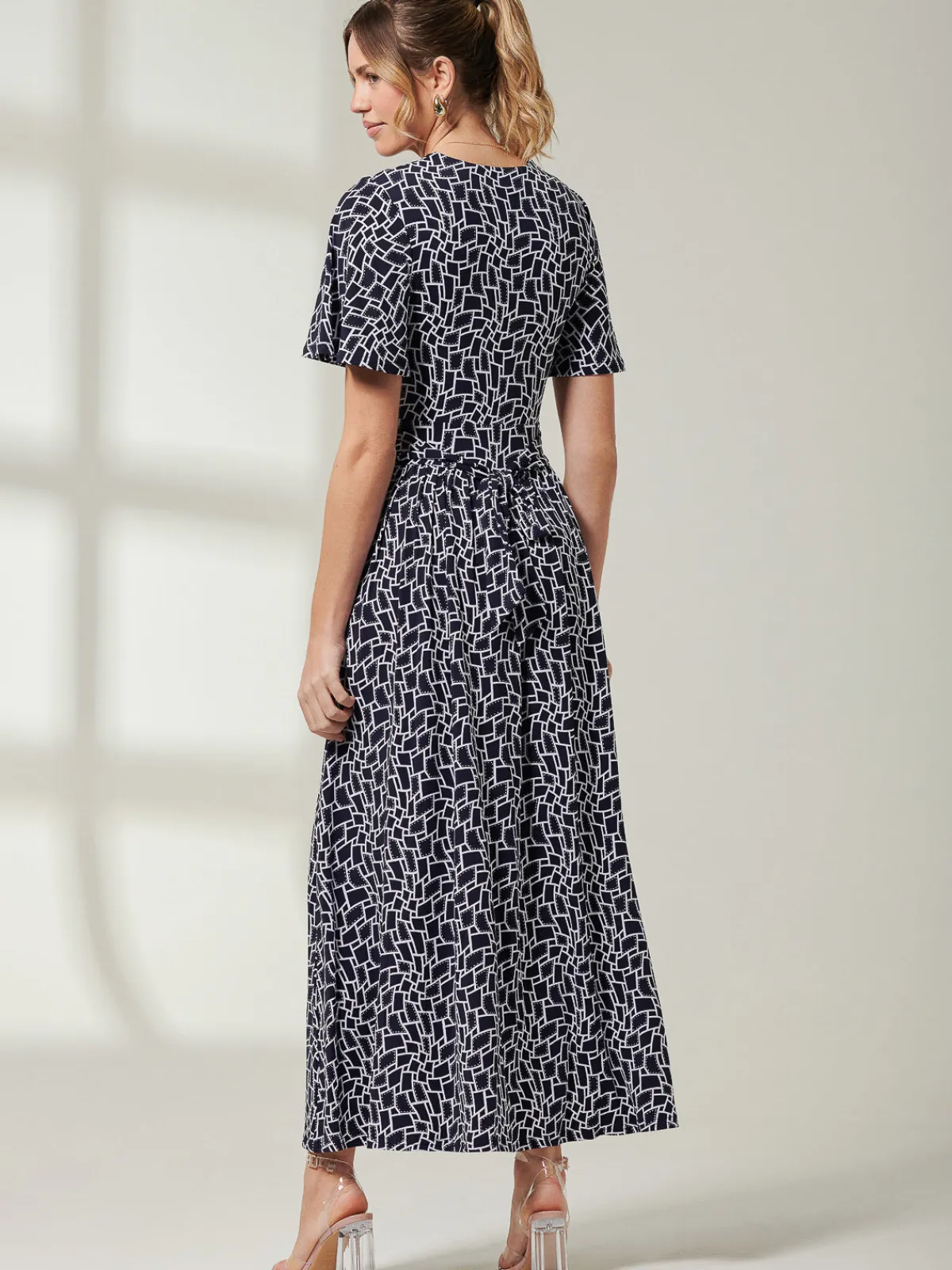 Jolie Moi Occasion Dresses|Jersey Dresses-Angel Sleeve Jersey Maxi Dress, Navy Geo