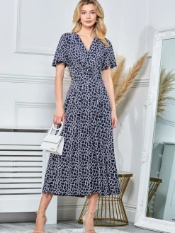 Jolie Moi Occasion Dresses|Jersey Dresses-Angel Sleeve Jersey Maxi Dress, Navy Geo
