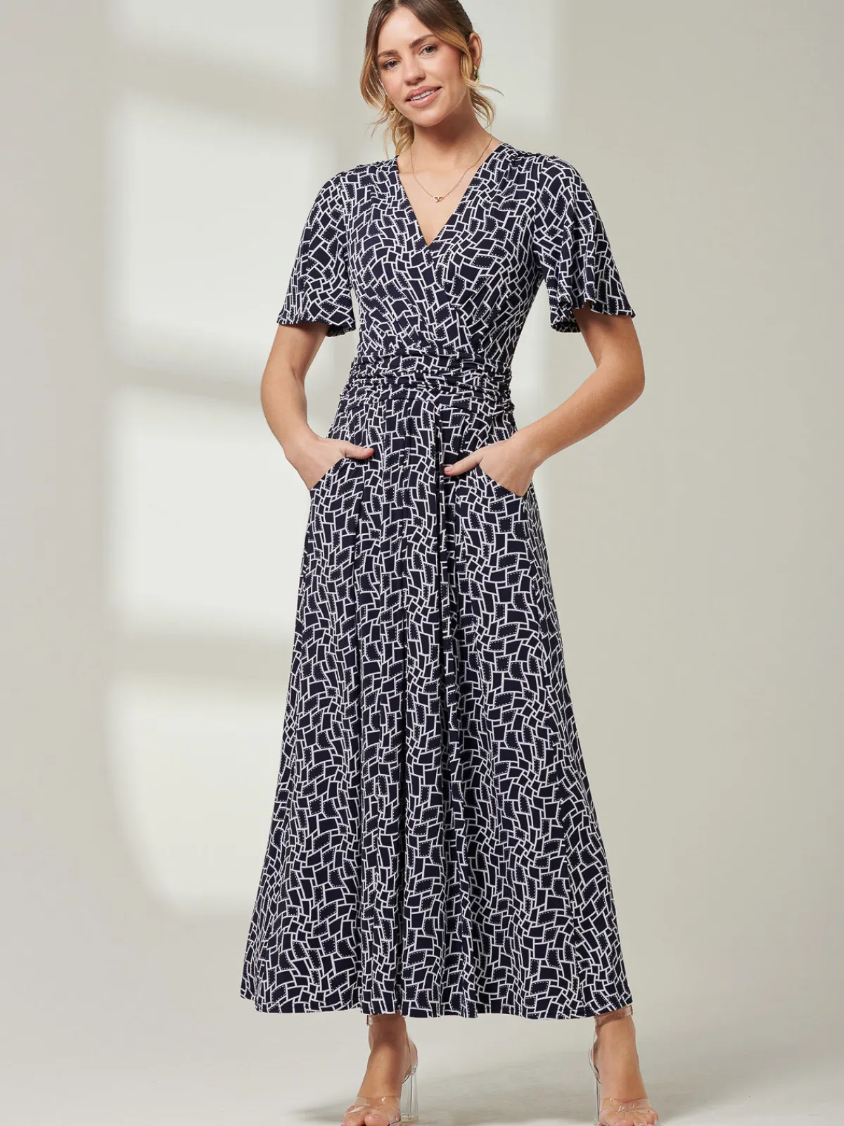 Jolie Moi Occasion Dresses|Jersey Dresses-Angel Sleeve Jersey Maxi Dress, Navy Geo