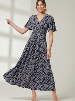 Jolie Moi Occasion Dresses|Jersey Dresses-Angel Sleeve Jersey Maxi Dress, Navy Geo