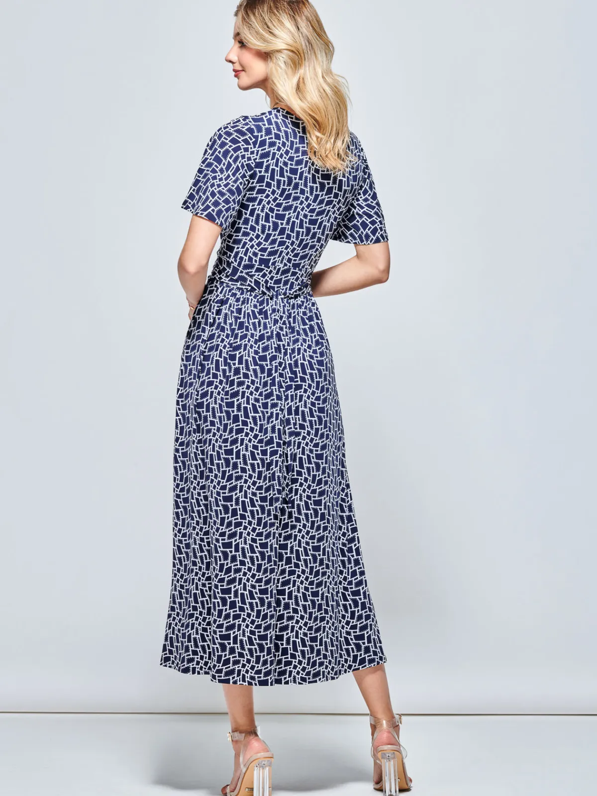 Jolie Moi Occasion Dresses|Jersey Dresses-Angel Sleeve Jersey Maxi Dress, Navy Geo