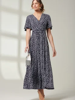 Jolie Moi Occasion Dresses|Jersey Dresses-Angel Sleeve Jersey Maxi Dress, Navy Geo