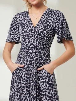 Jolie Moi Occasion Dresses|Jersey Dresses-Angel Sleeve Jersey Maxi Dress, Navy Geo