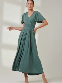 Jolie Moi Occasion Dresses|Party Dresses- Angel Sleeve Jersey Maxi Dress Pleat Green