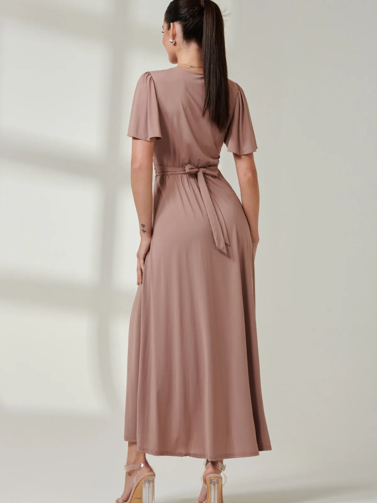 Jolie Moi Occasion Dresses|Wrap Dresses-Angel Sleeve Jersey Maxi Dress, Rose Taupe