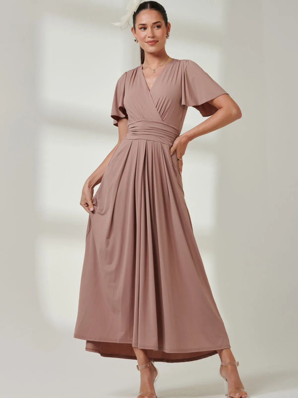 Jolie Moi Occasion Dresses|Wrap Dresses-Angel Sleeve Jersey Maxi Dress, Rose Taupe