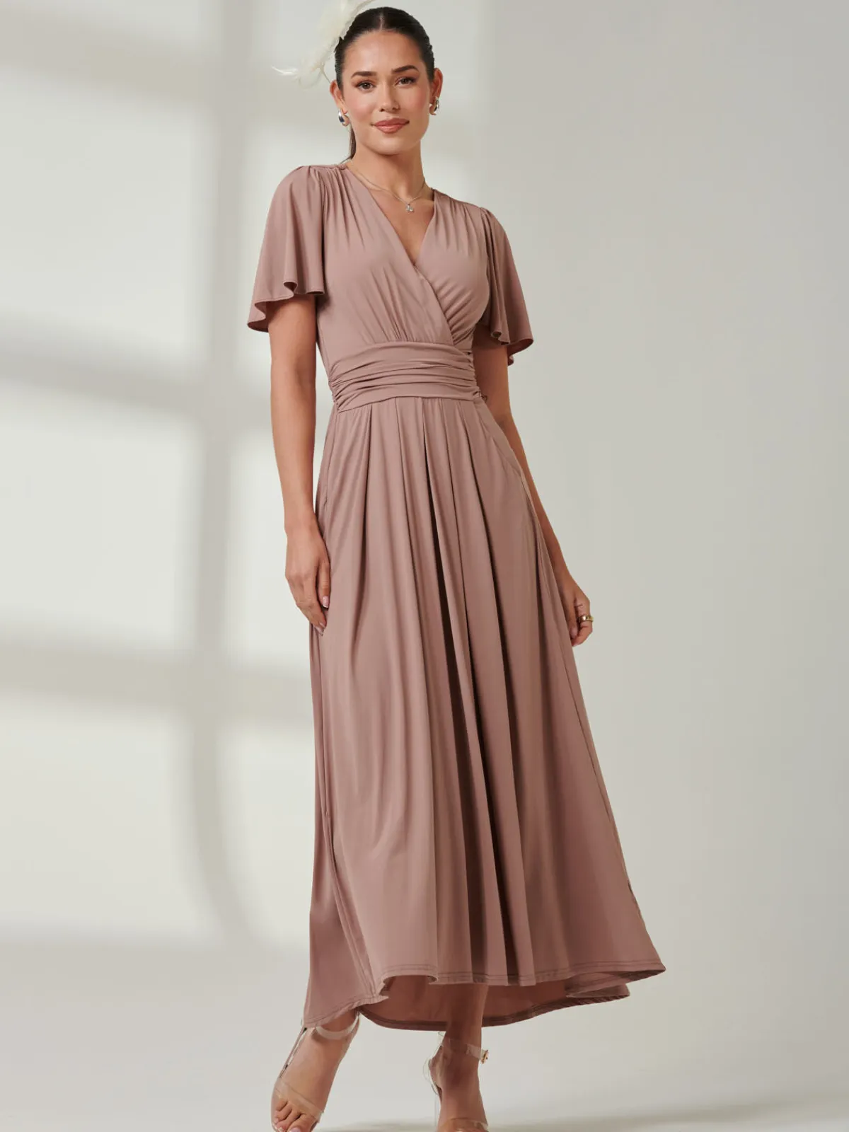 Jolie Moi Occasion Dresses|Wrap Dresses-Angel Sleeve Jersey Maxi Dress, Rose Taupe