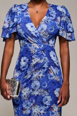 Jolie Moi Occasion Dresses|Floral Dresses-Angel Sleeve Mesh Bodycon Dress, Blue floral