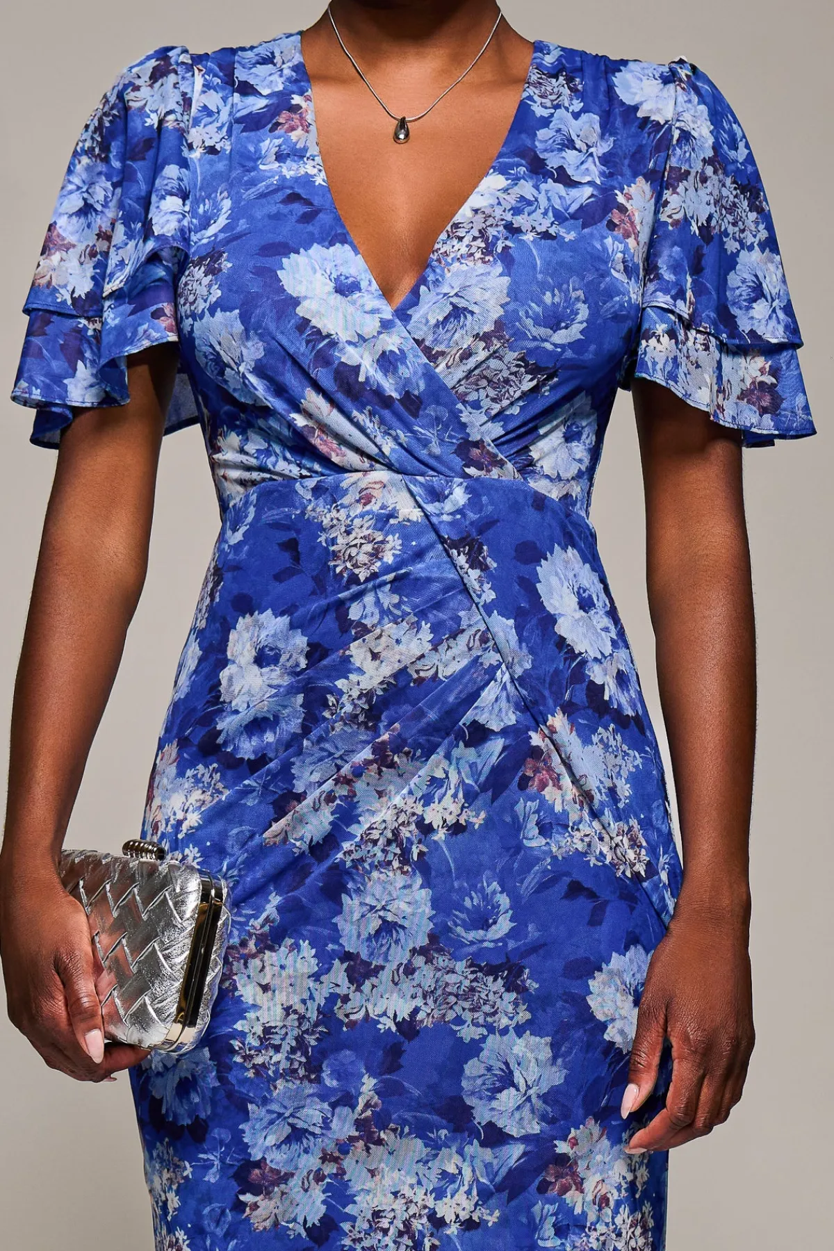 Jolie Moi Occasion Dresses|Floral Dresses-Angel Sleeve Mesh Bodycon Dress, Blue floral