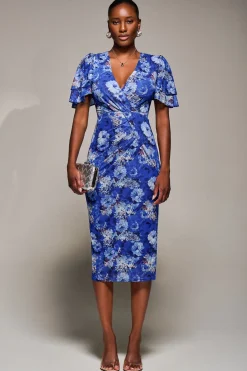 Jolie Moi Occasion Dresses|Floral Dresses-Angel Sleeve Mesh Bodycon Dress, Blue floral