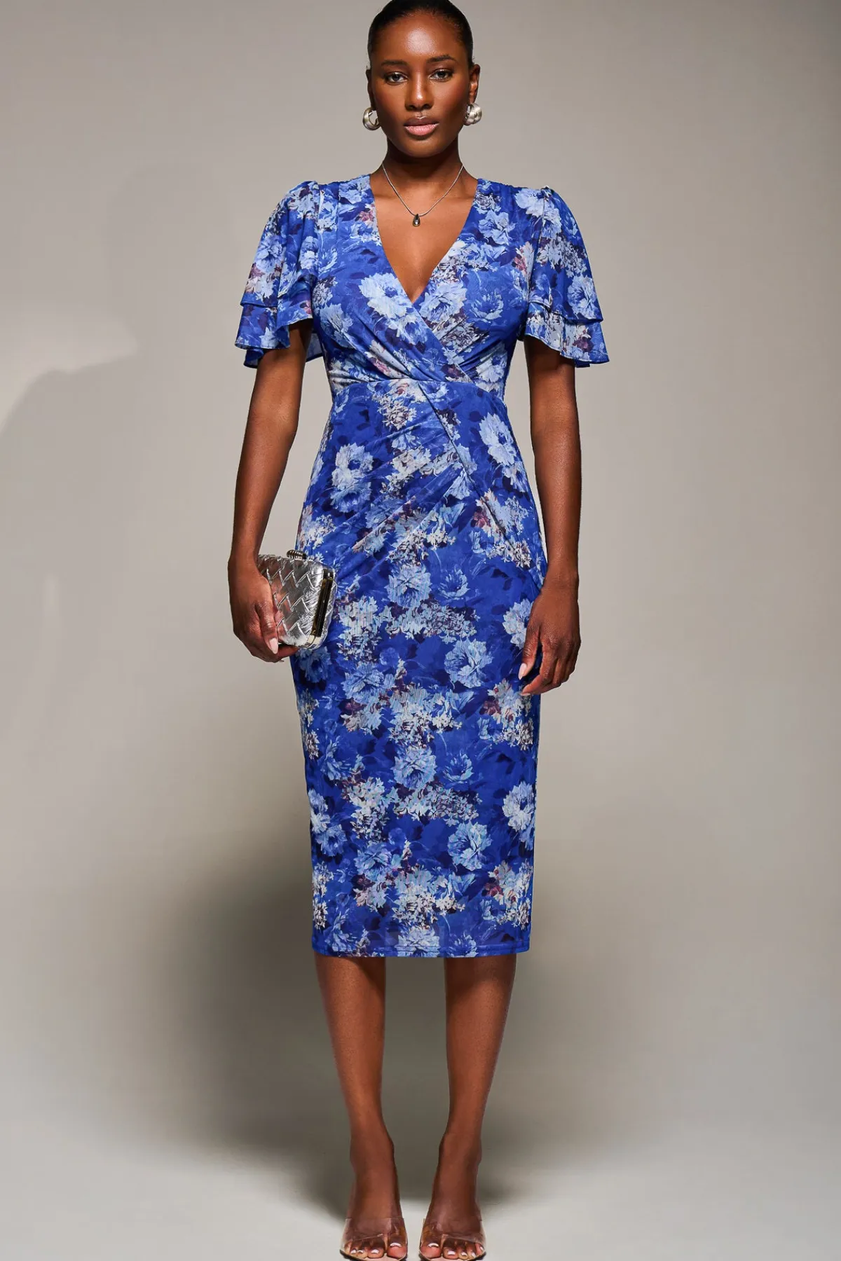 Jolie Moi Occasion Dresses|Floral Dresses-Angel Sleeve Mesh Bodycon Dress, Blue floral