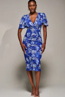 Jolie Moi Occasion Dresses|Floral Dresses-Angel Sleeve Mesh Bodycon Dress, Blue floral