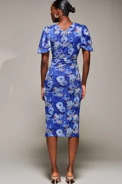 Jolie Moi Occasion Dresses|Floral Dresses-Angel Sleeve Mesh Bodycon Dress, Blue floral