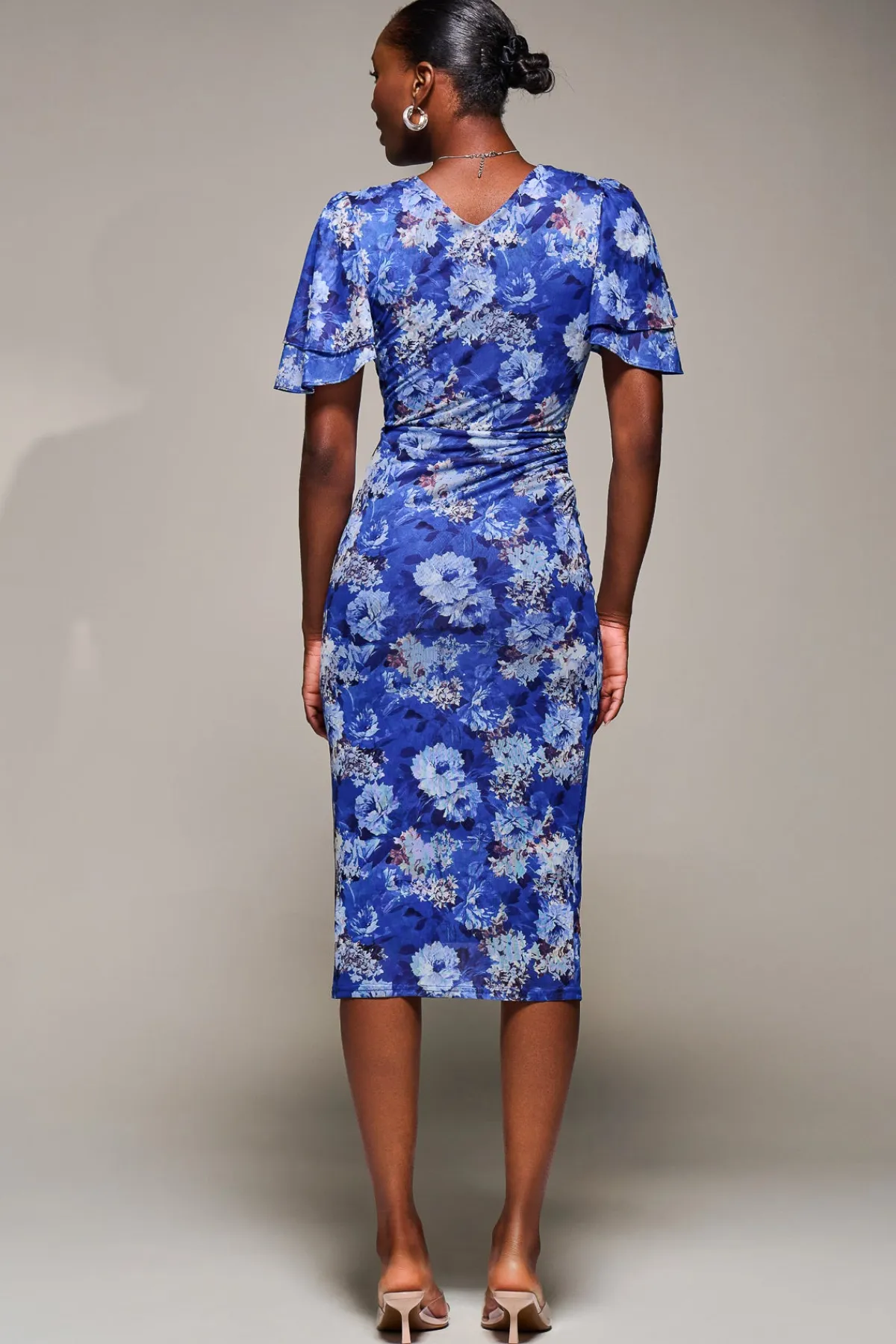 Jolie Moi Occasion Dresses|Floral Dresses-Angel Sleeve Mesh Bodycon Dress, Blue floral