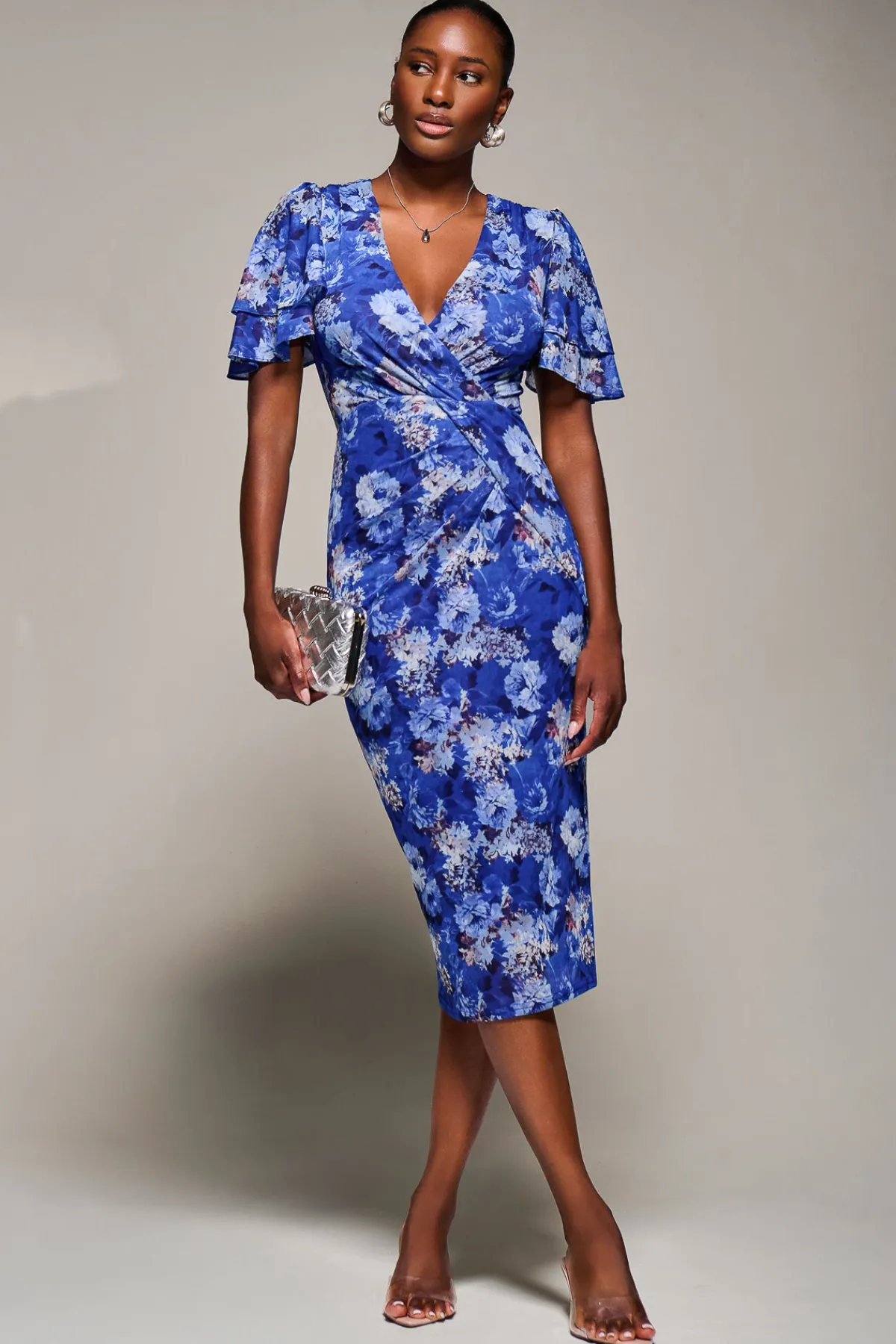 Jolie Moi Occasion Dresses|Floral Dresses-Angel Sleeve Mesh Bodycon Dress, Blue floral