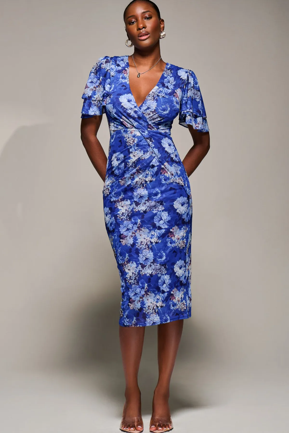 Jolie Moi Occasion Dresses|Floral Dresses-Angel Sleeve Mesh Bodycon Dress, Blue floral