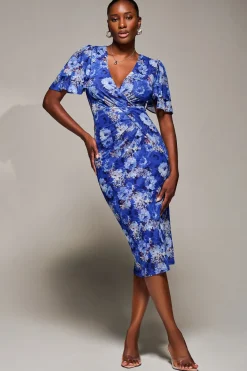 Jolie Moi Occasion Dresses|Floral Dresses-Angel Sleeve Mesh Bodycon Dress, Blue floral